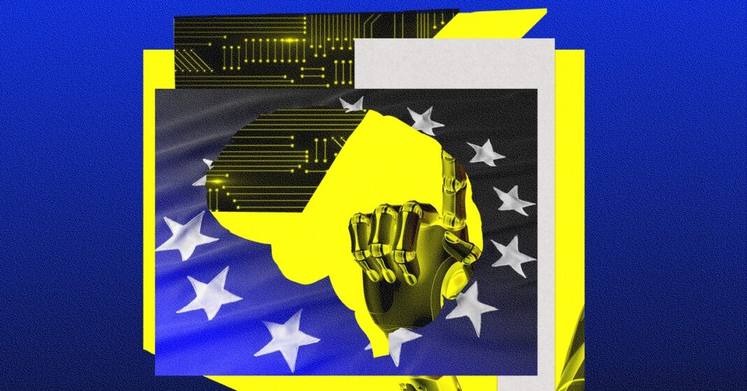 Robotic hand with circuitry on EU flag background.