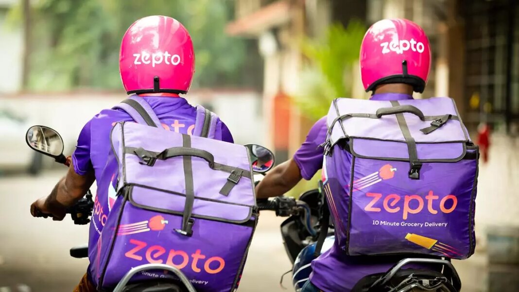 Delivery riders on motorcycles with branded gear.