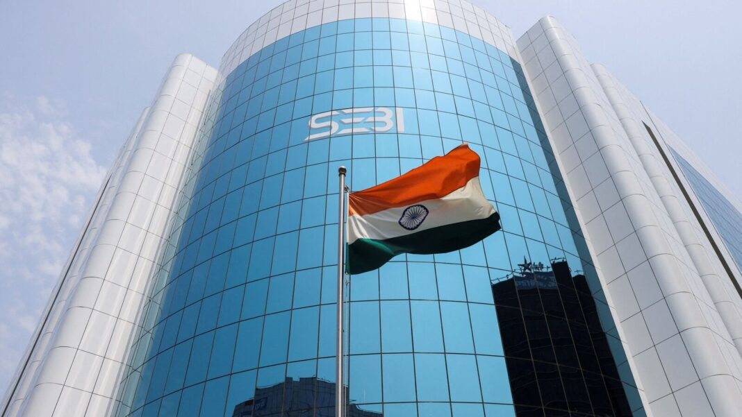 Indian flag waving in front of SEBI building.