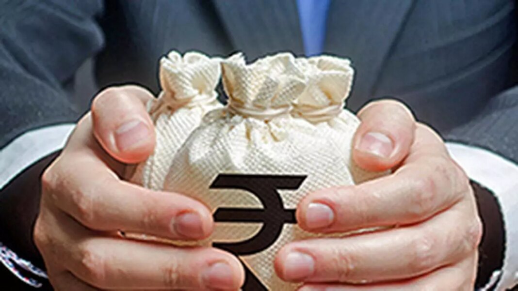 Person holding bag with Indian Rupee symbol.