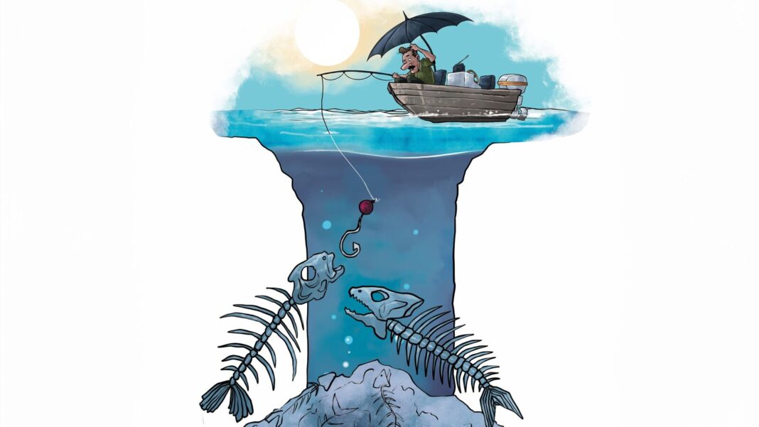 Illustration of fisherman above and fish skeletons below.