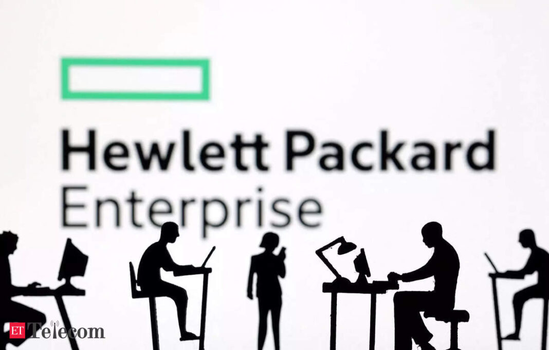 Hewlett Packard Enterprise logo with silhouetted workers.
