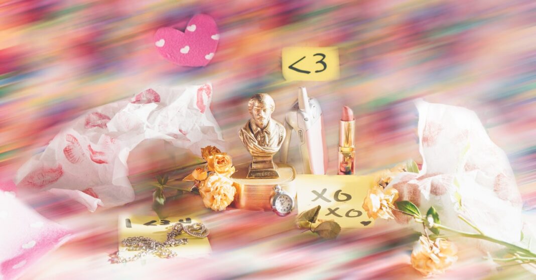 Colorful still life with eclectic romantic items.