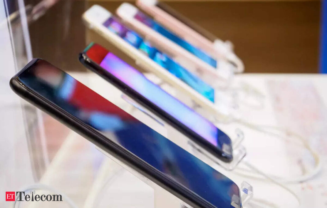 Smartphones on display in a store.