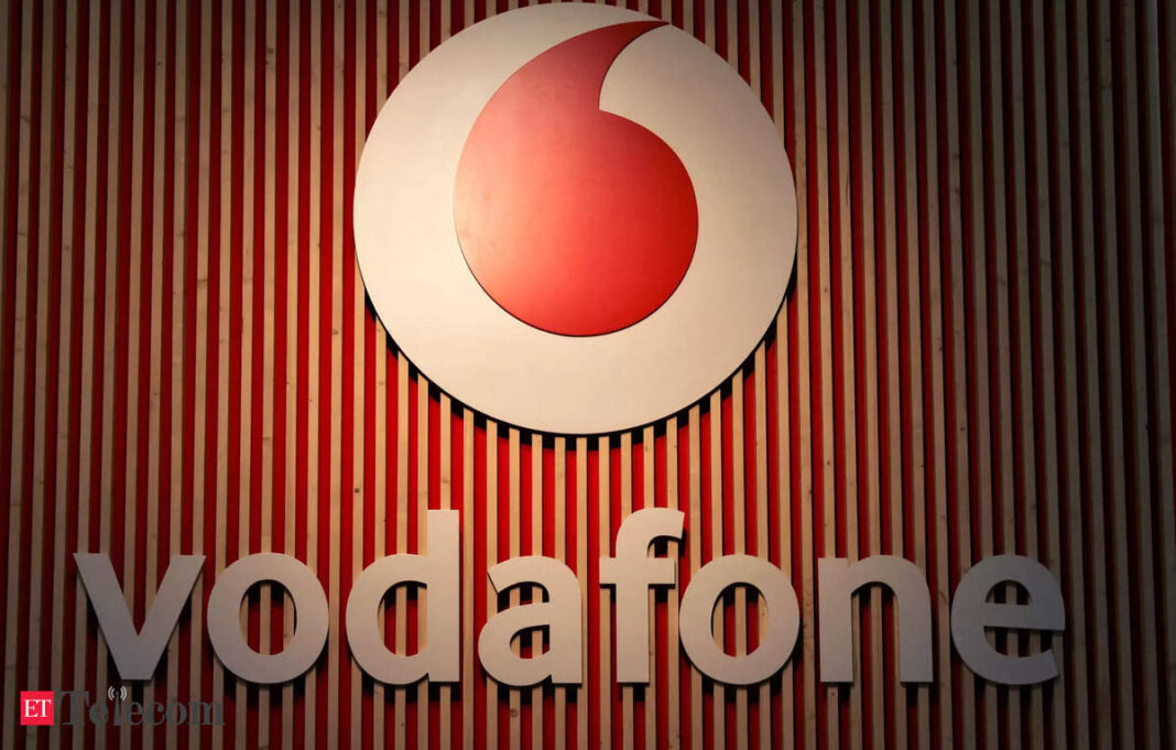 Vodafone brand logo on striped background.