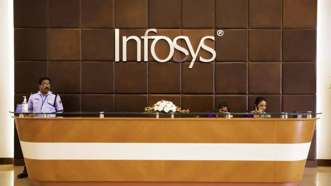 Reception area with Infosys logo and staff.