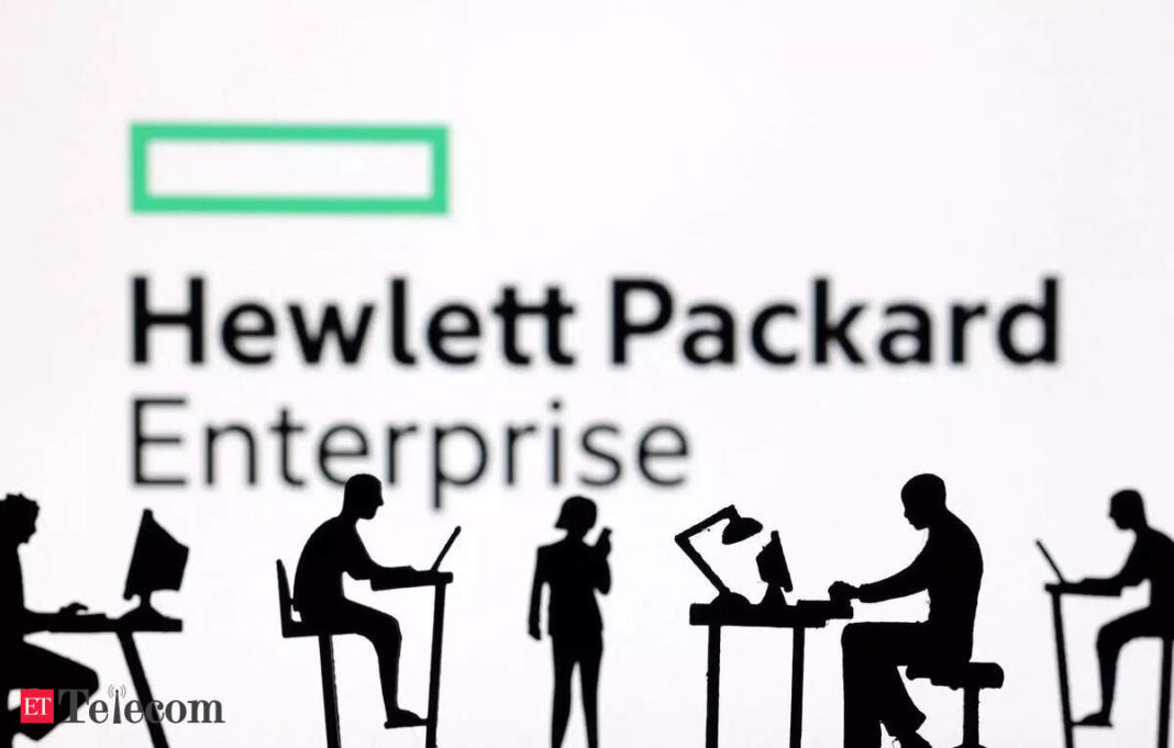 Hewlett Packard Enterprise logo with silhouette figures working.