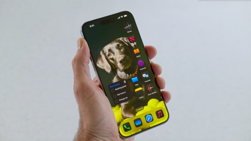 Hand holding smartphone with dog wallpaper and colorful icons.