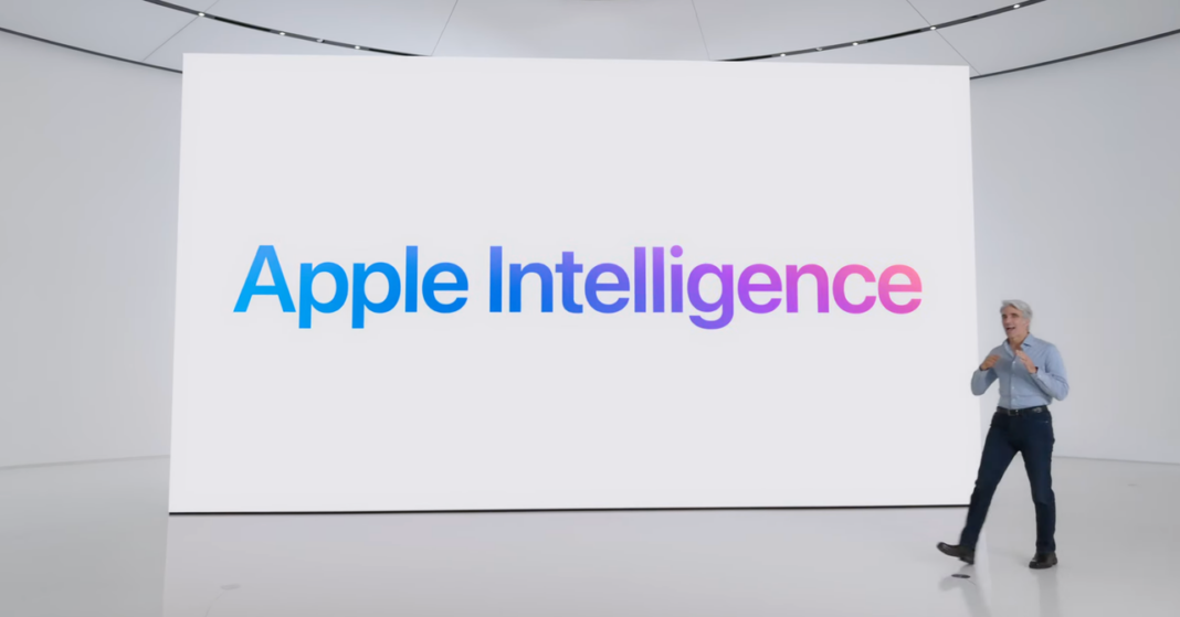 Presenter with "Apple Intelligence" sign on screen.