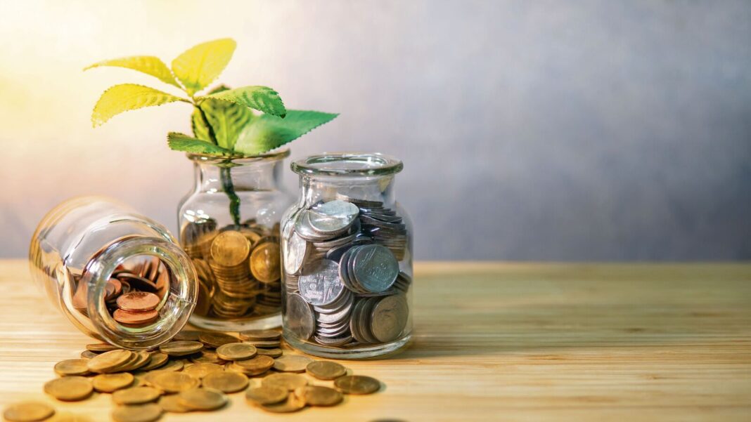 Savings growth concept with coins and plant in jars.