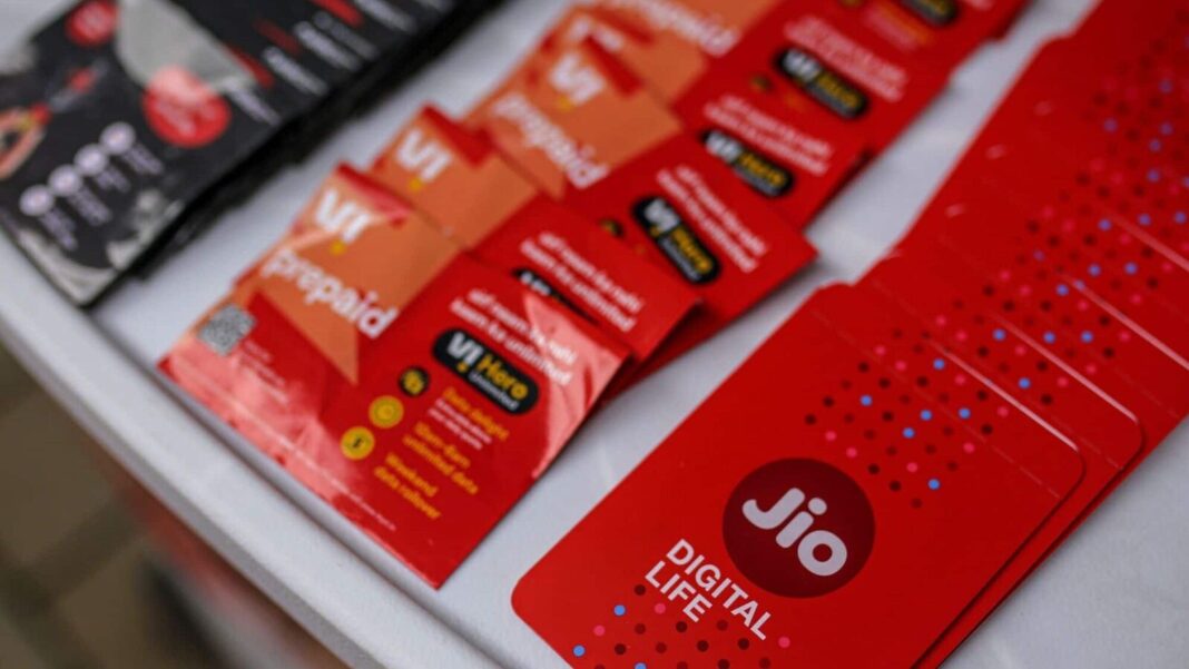 Assorted Jio SIM card packages on display.