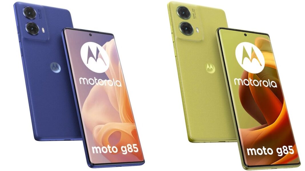 Blue and olive Motorola moto g85 smartphones.