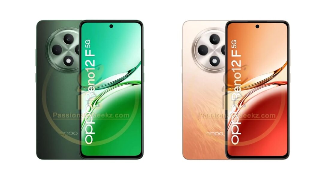 Two OPPO Reno12 5G smartphones, green and orange, displayed.