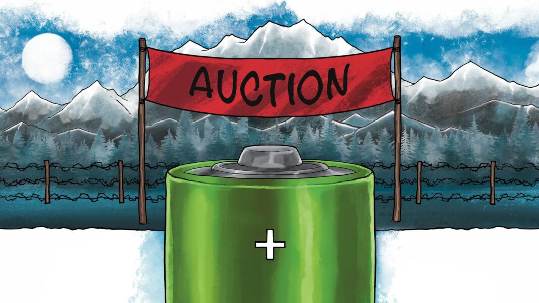 Illustration of battery with auction sign, mountain backdrop.