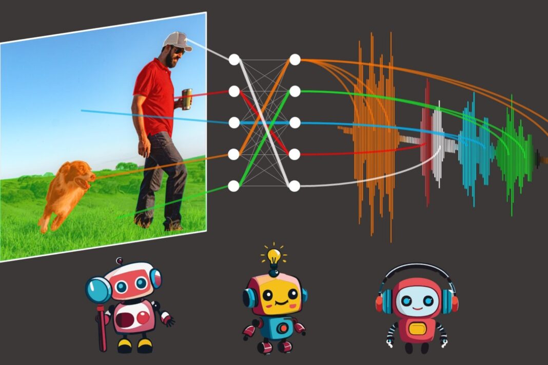 Man plays with dog, neural network, colorful spectrum, cute robots.