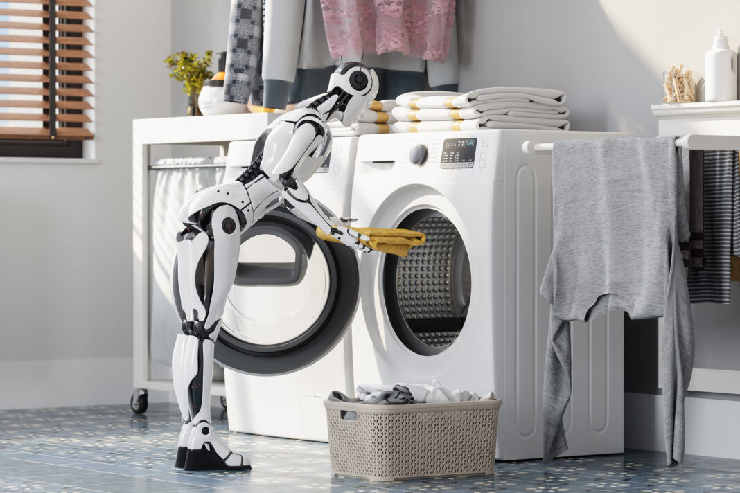 Robot doing laundry in modern home setting.
