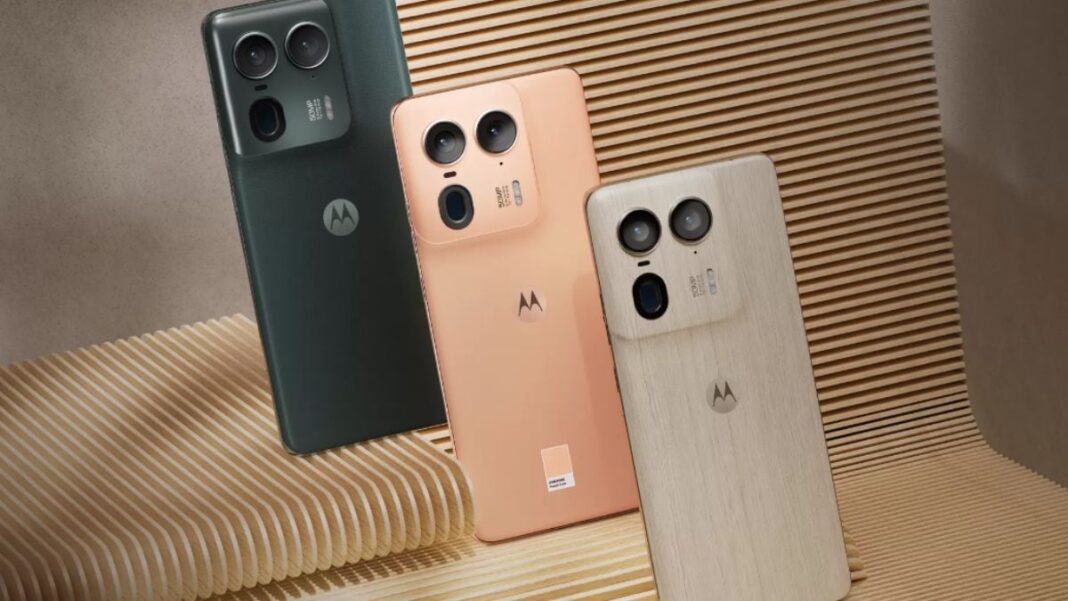 New Motorola smartphones in green, peach, and wood finishes.