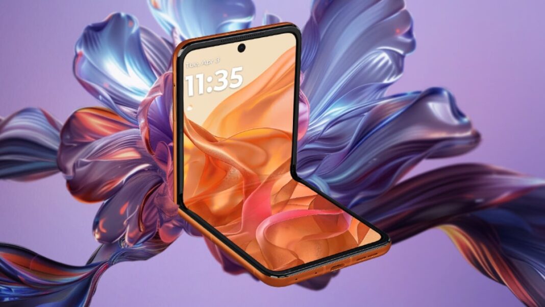 Foldable smartphone on abstract floral background.