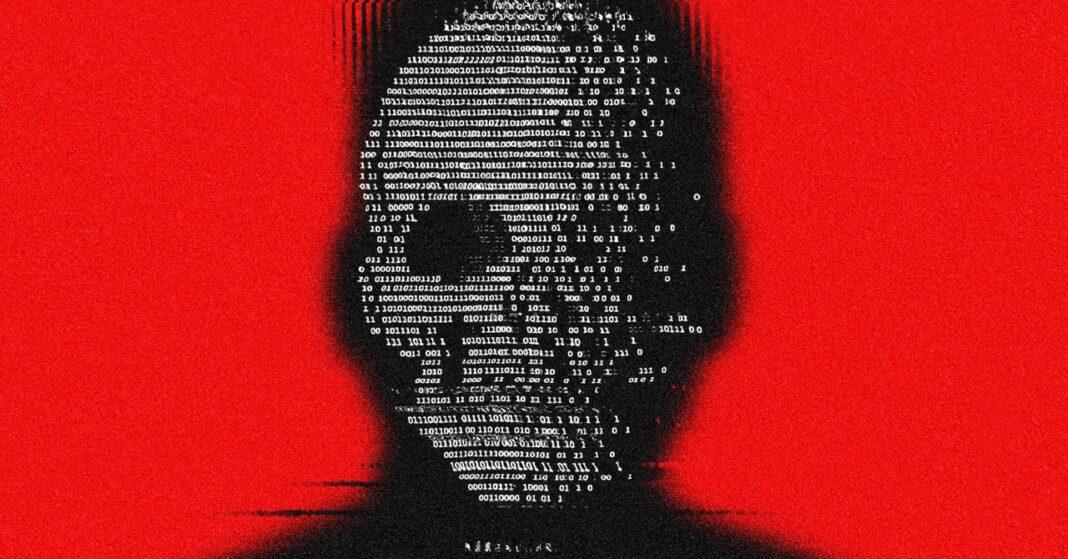 Digital binary code silhouette on red background.