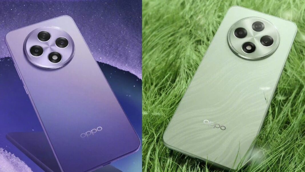 Purple and green Oppo smartphones on textured surfaces.