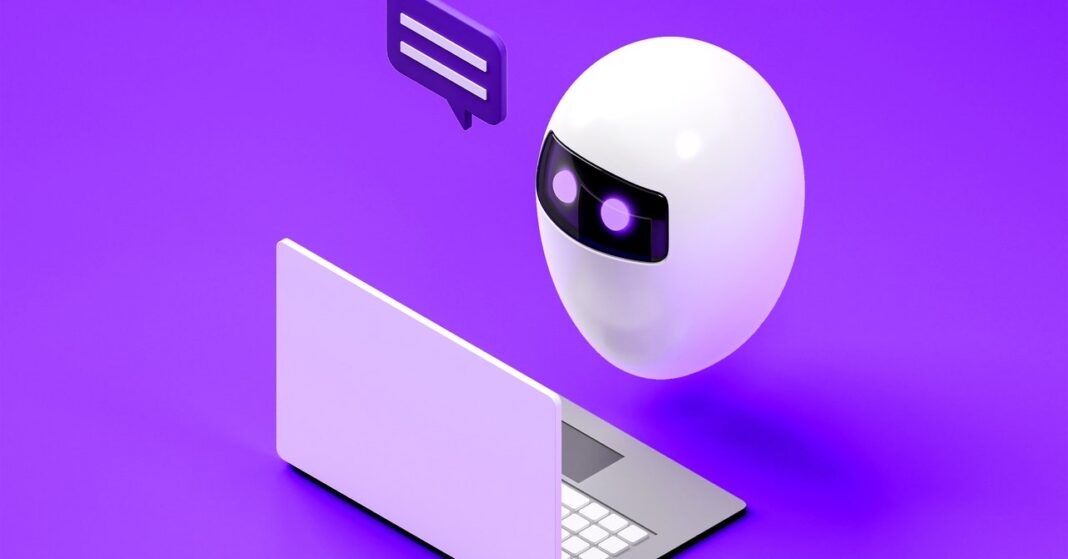 Stylized chatbot with laptop on purple background.