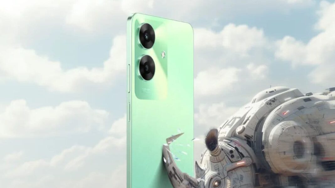 Smartphone with dual cameras against a spaceship background.