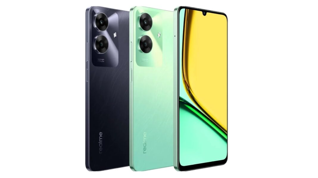 Realme smartphones, black and green, dual cameras.