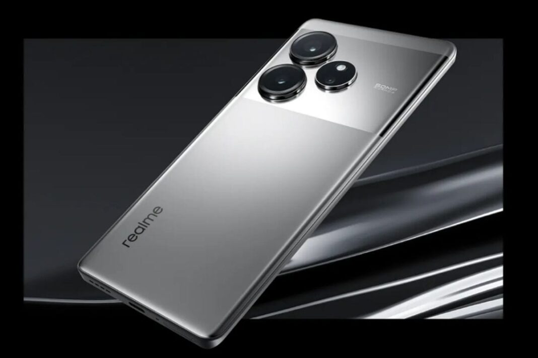 Silver Realme smartphone with triple camera setup.