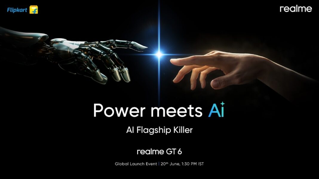 Human hand reaching towards robotic hand, advertisement for AI technology.