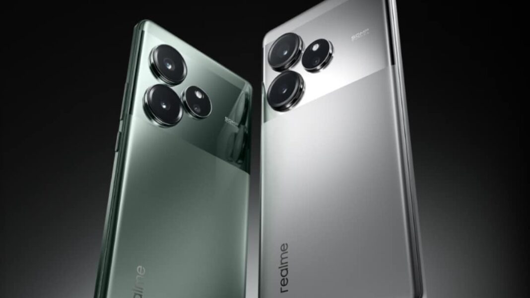 Green and silver Realme smartphones with triple cameras.