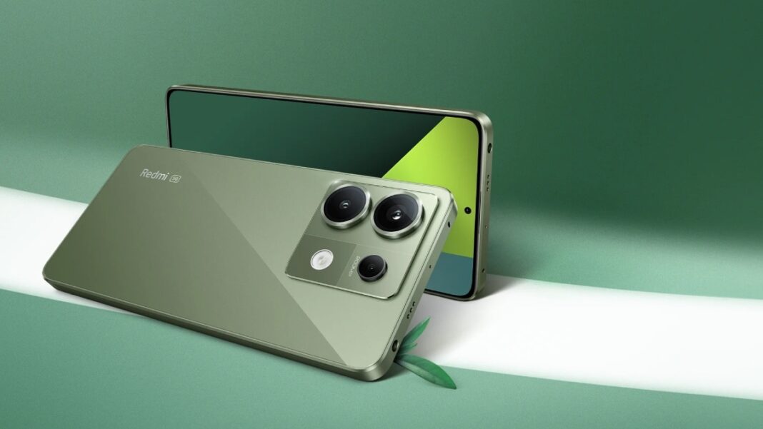 Green Redmi smartphone with dual camera.