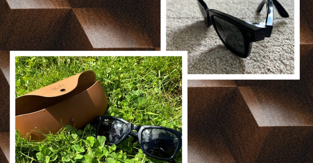 Sunglasses and case on grass and indoors