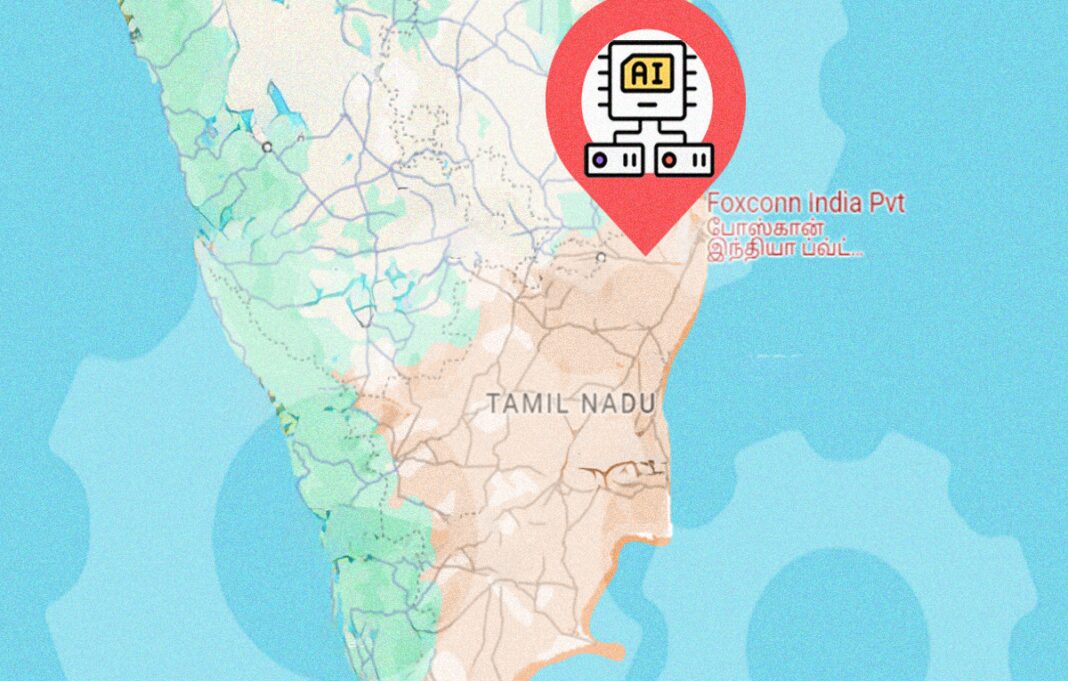 Map pin location icon over Tamil Nadu, India.