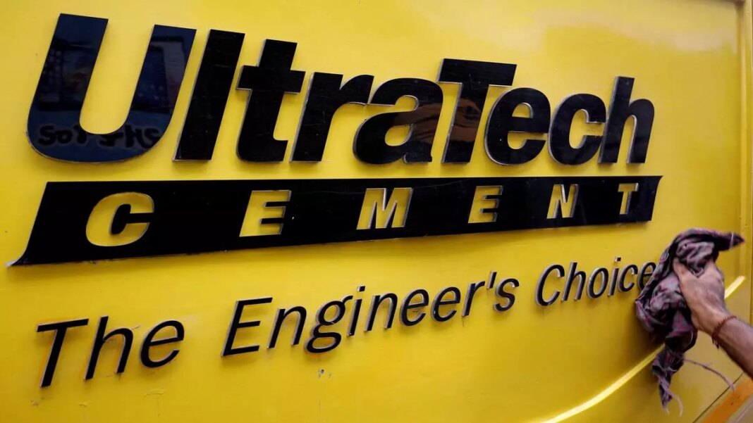 UltraTech Cement brand logo with slogan on yellow background.