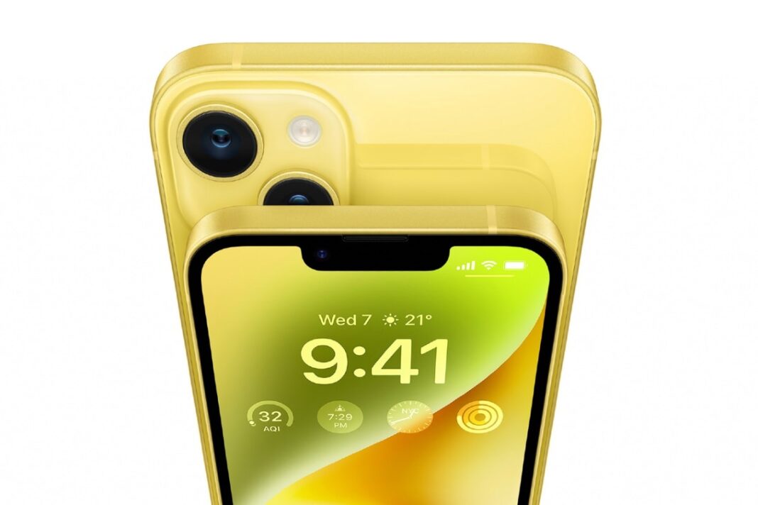 Yellow smartphone with dual cameras and display showing time.