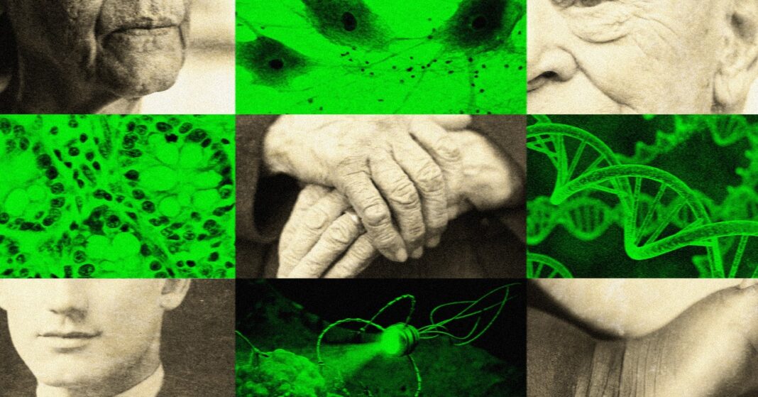 Collage of aged portraits, cells, hands, and DNA strands.