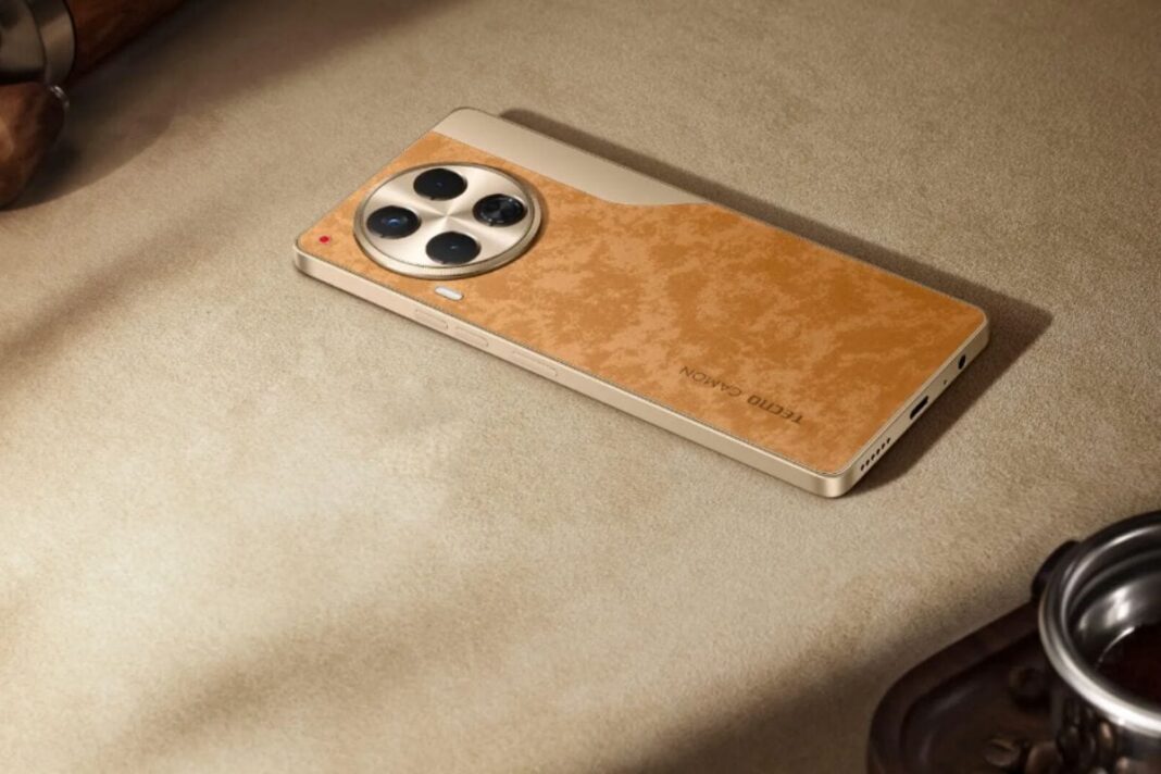 Luxury smartphone with leather finish on table.
