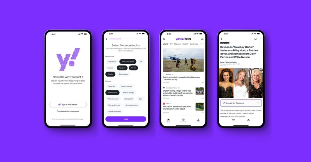 Five smartphones displaying Yahoo news app interface.