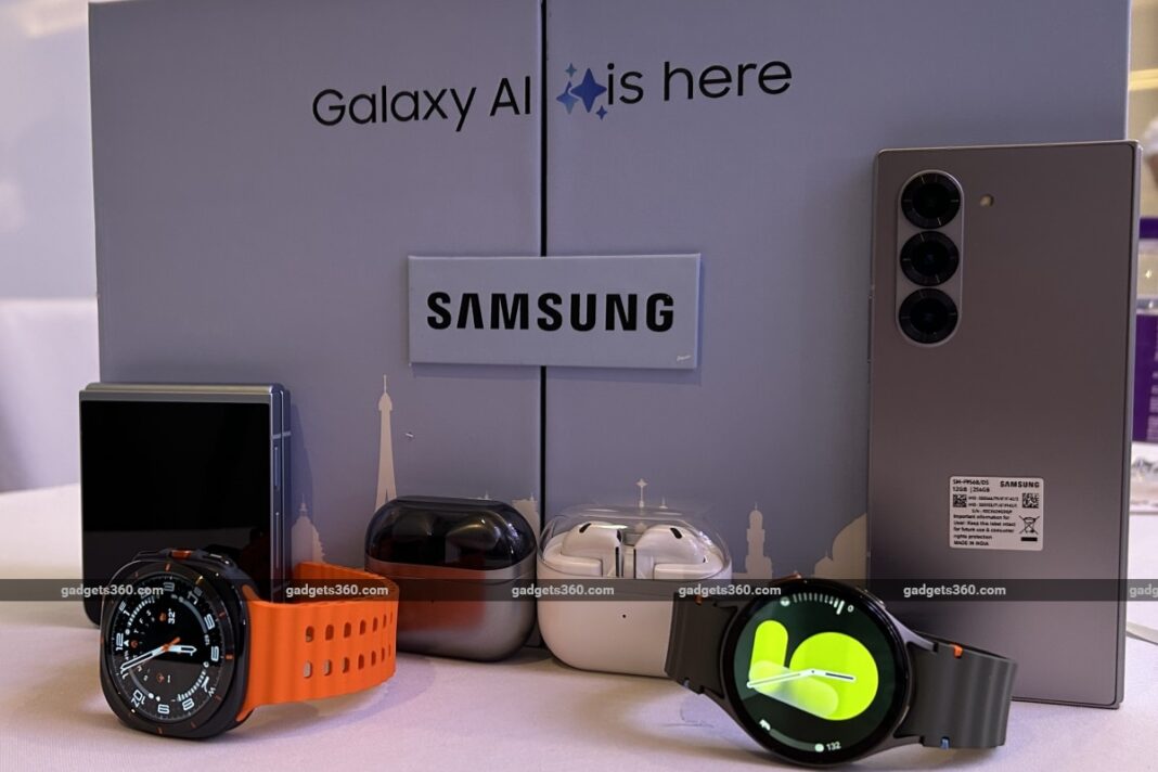 Samsung Galaxy products with smartwatches and earbuds.