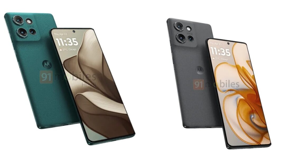 Two Motorola smartphones, one teal and one black.