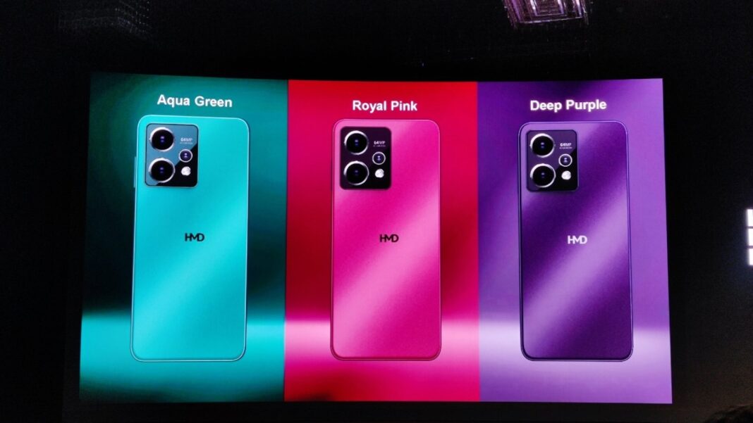 Three smartphones in Aqua Green, Royal Pink, Deep Purple colors.