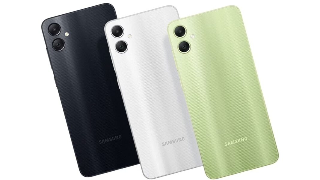 Three new Samsung smartphones in black, white, green.