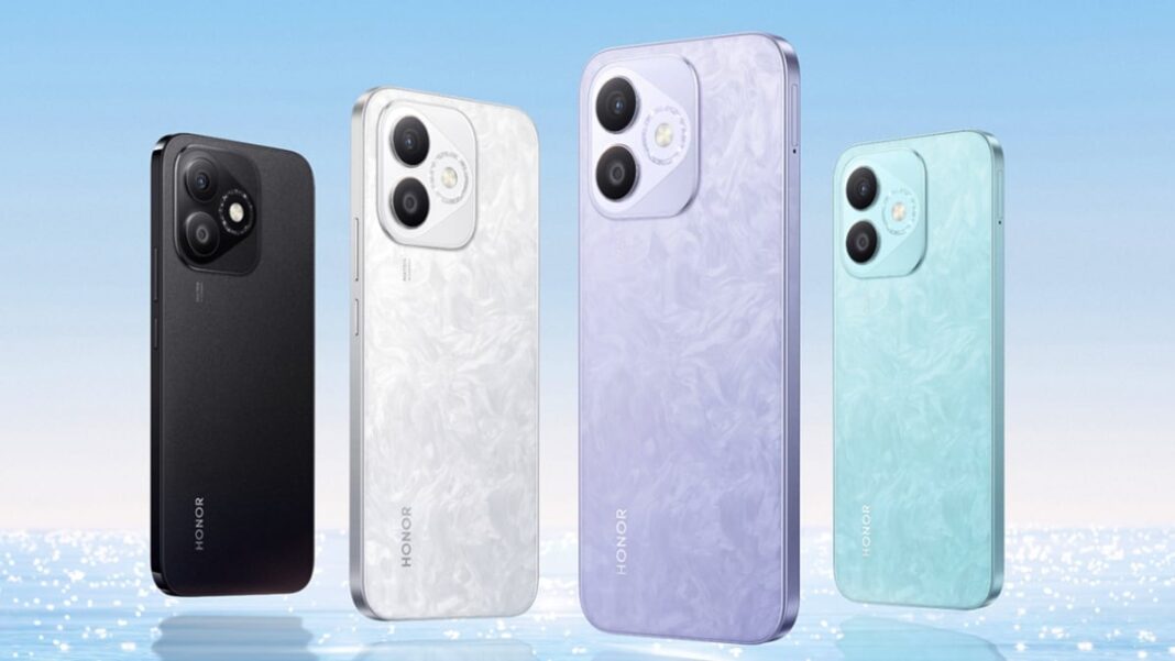 Honor smartphones with dual-camera setup, various colors.