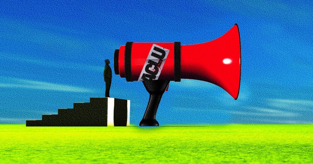 Person with large megaphone on surreal grassy landscape.