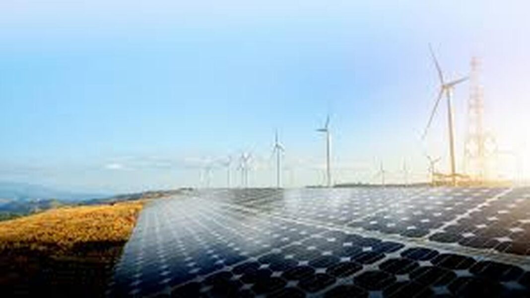 Solar panels and wind turbines in renewable energy landscape.