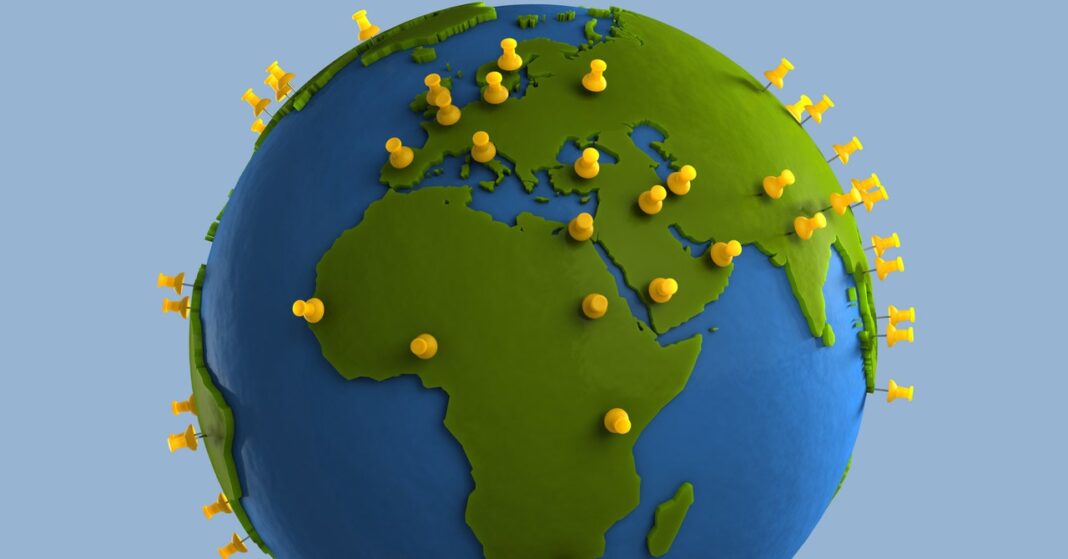 3D globe with location pins for travel or globalization.