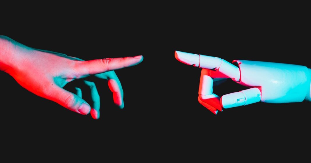 Human and robot hands interaction, anaglyph 3D effect.