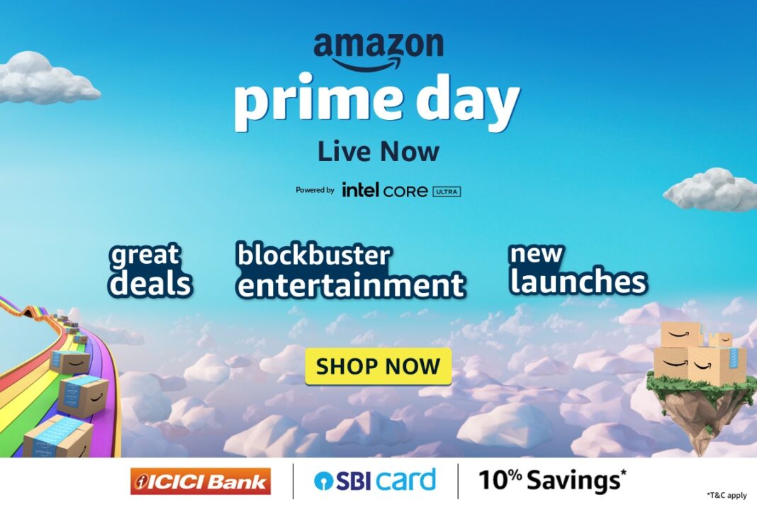 Amazon Prime Day advertisement with discounts, entertainment, and savings.