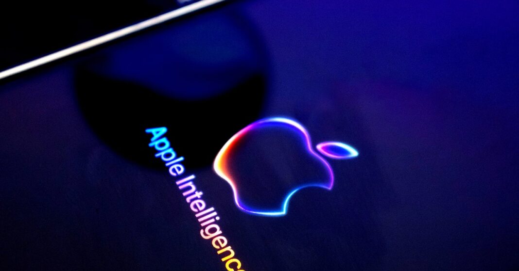 Colorful Apple logo with reflection on black surface.