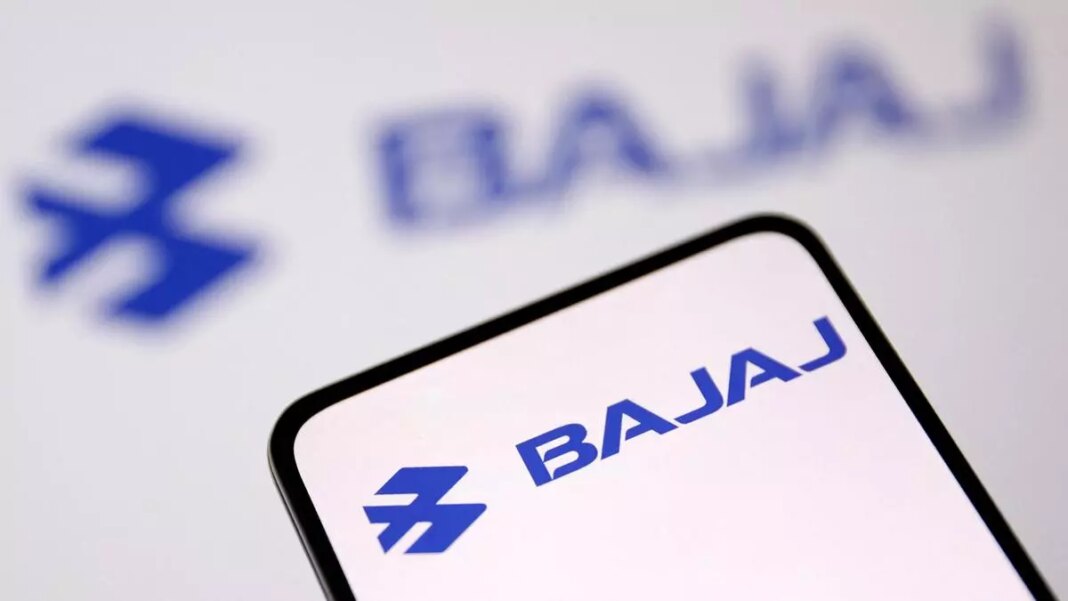 Bajaj logo on smartphone and blurred background.